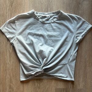 Lush Striped Gray Knot Front Women's Top